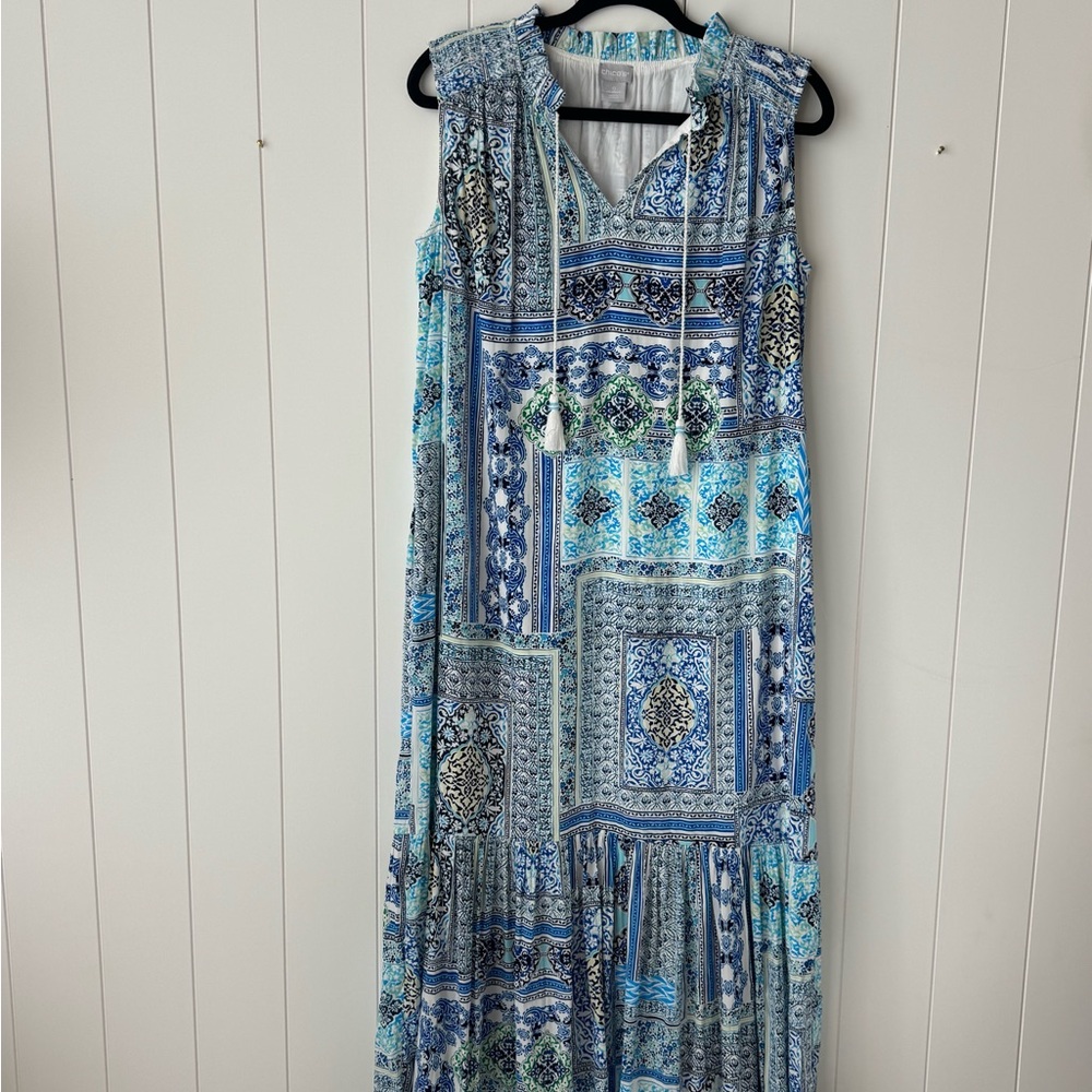 Chico's Maxi Dress 0 Blue White Green Patchwork Sleeveless Spring V-Neck Boho